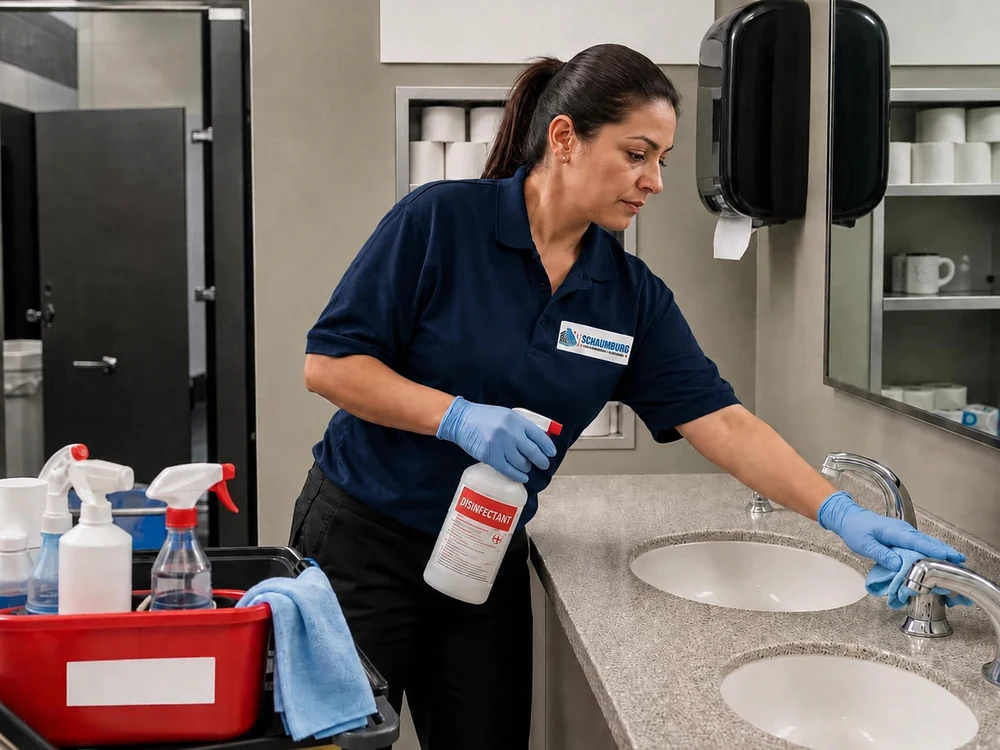 Commercial cleaner restocking supplies in a clean facility