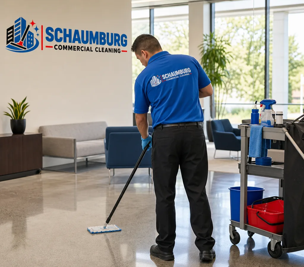 Commercial cleaner servicing a well-lit Schaumburg office common area with a professional supply cart