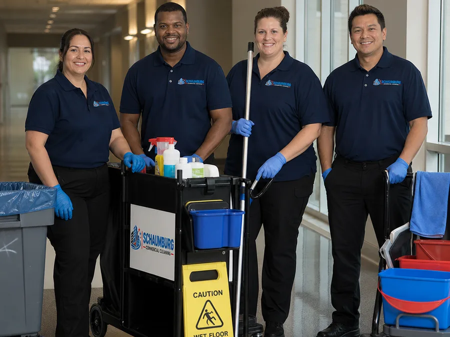 Uniformed commercial cleaning team with carts and equipment in a facility hallway